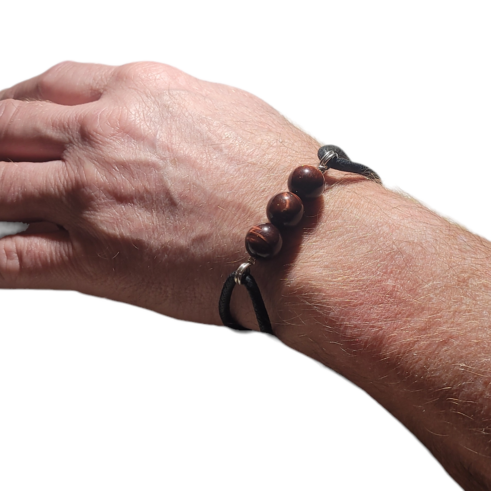 Thumbnail: Black cord bracelet with red tigers eye beads, displayed on men's wrist