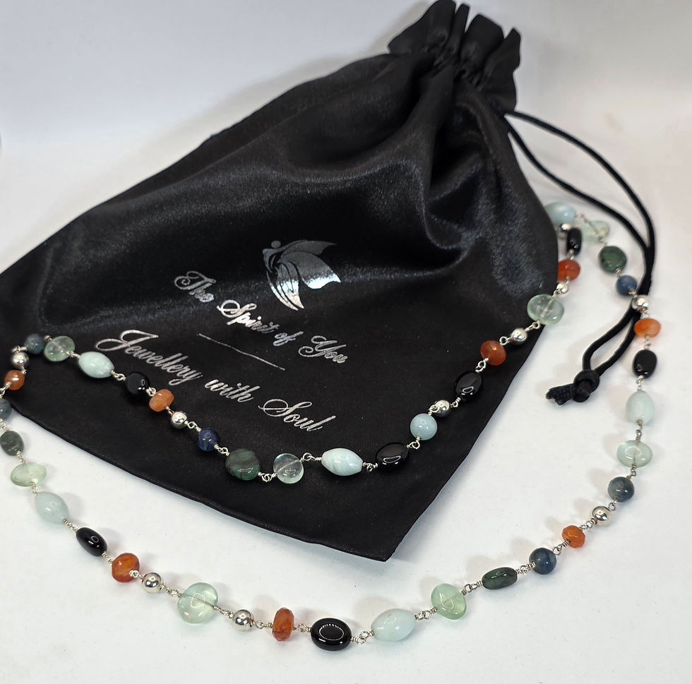Thumbnail: Over the head mixed gemstone and sterling silver necklace displayed on black satin pouch