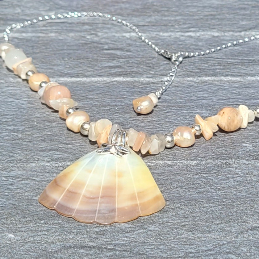 Thumbnail: Moonstone, Mother of Pearl and Shell necklace close up