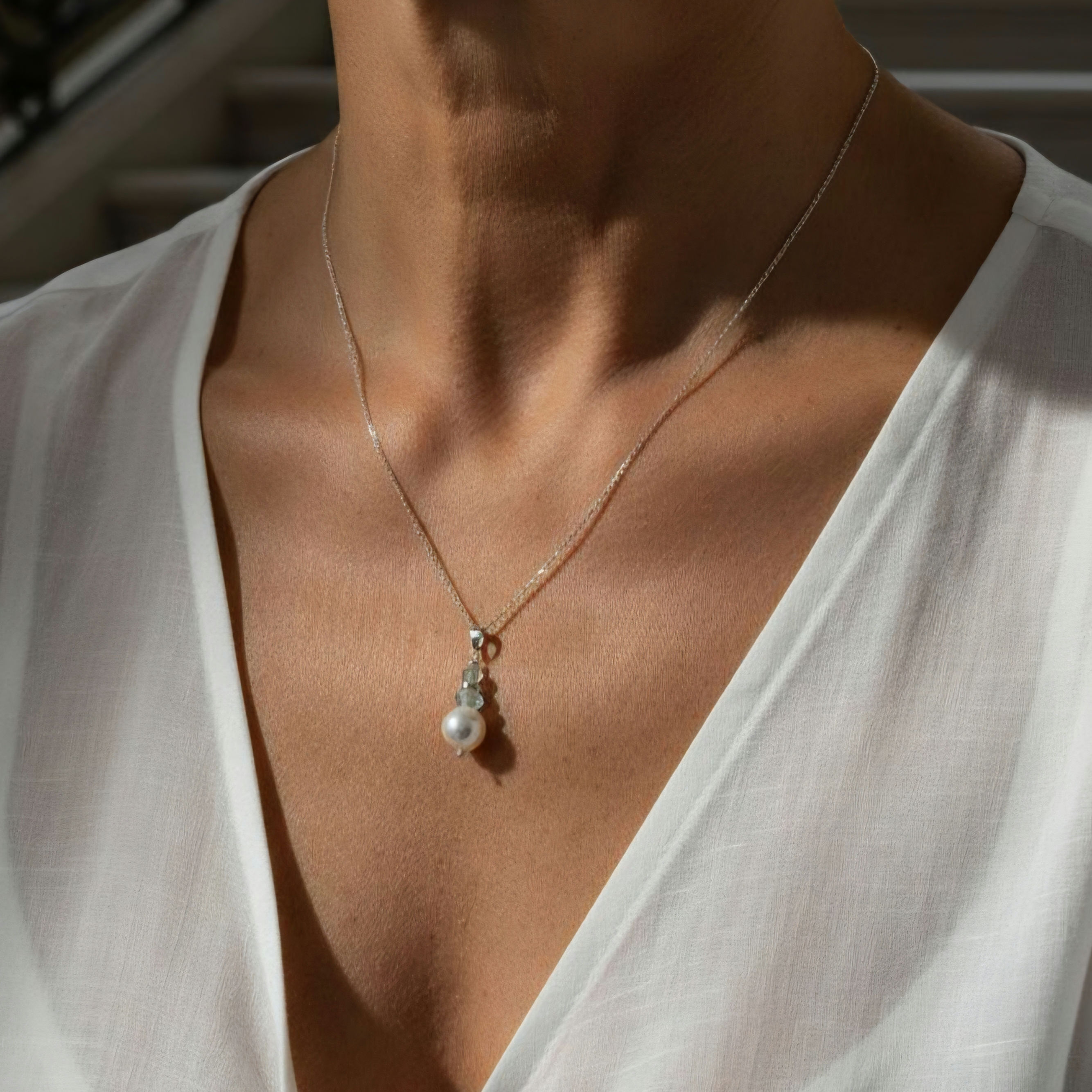Pearl and Aquamarine Sterling Silver Necklace