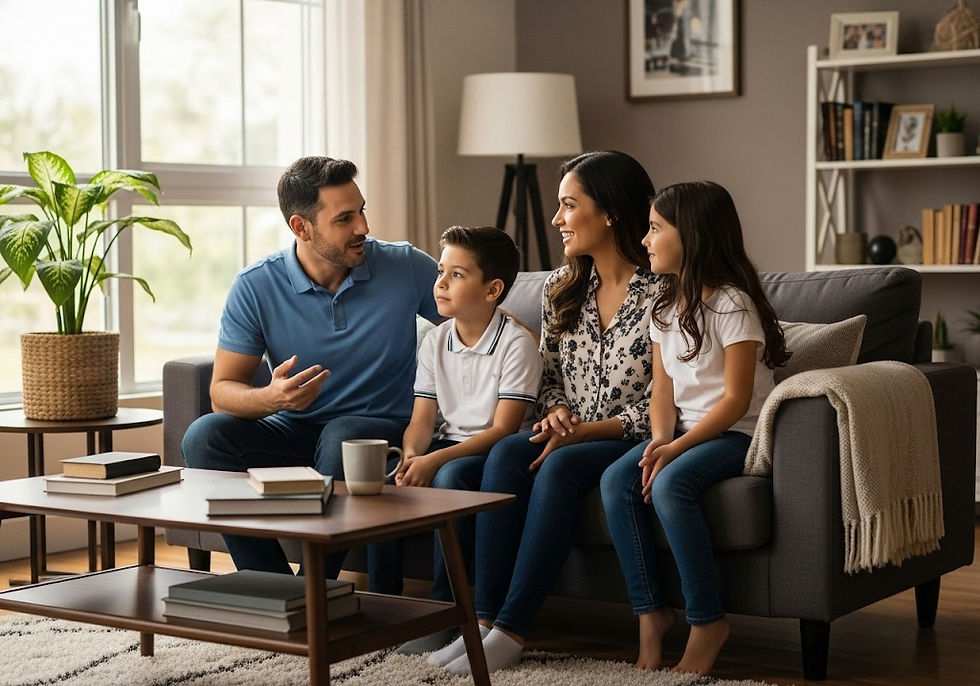 A happy family of four is sitting on a couch in a living room.
