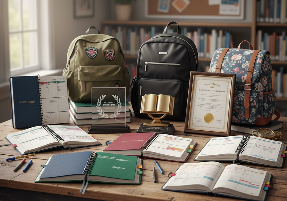 display of academic planners, recognition awards, and backpacks arranged together to symbolize school identity