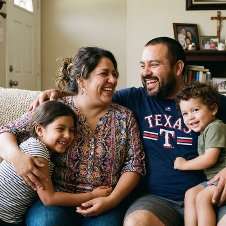 family in living room, wanting to buy land in Texas without a bank loan.