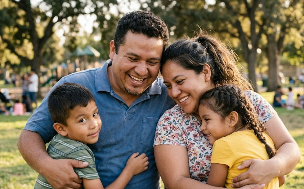 Happy parents and children hugging in a park, showing how does owner financing work in Texas for family land dreams.