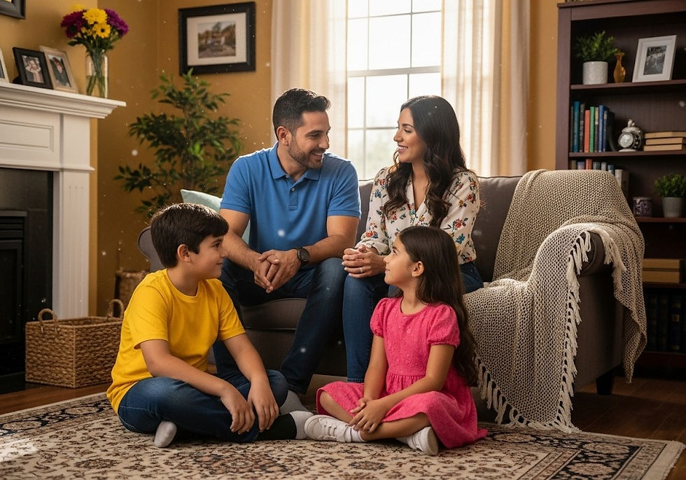 A smiling family sits together in a cozy living room