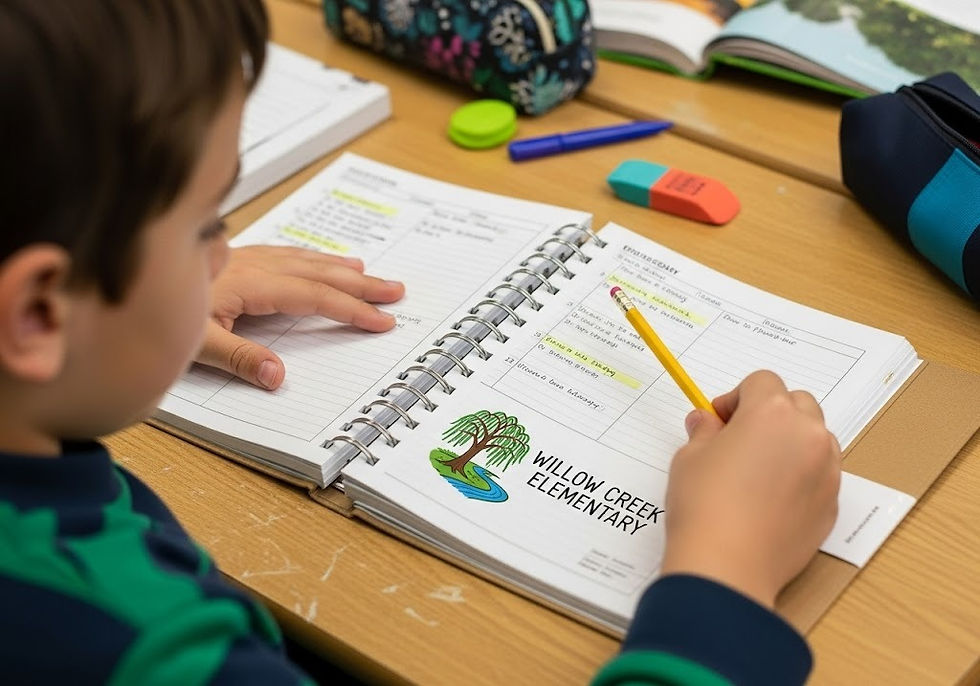 A young student, seen from over the shoulder, is seated at a wooden desk and writing in an open spiral-bound planner with a yellow pencil. The planner is open to a page with a schedule or assignments, and the "Willow Creek Elementary" logo with a willow tree and river is visible on the bottom left page