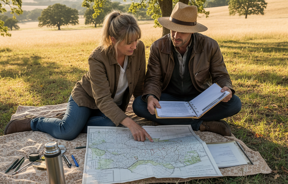 couple looking at map and documents while considering loan servicing Rio Grande Valley
