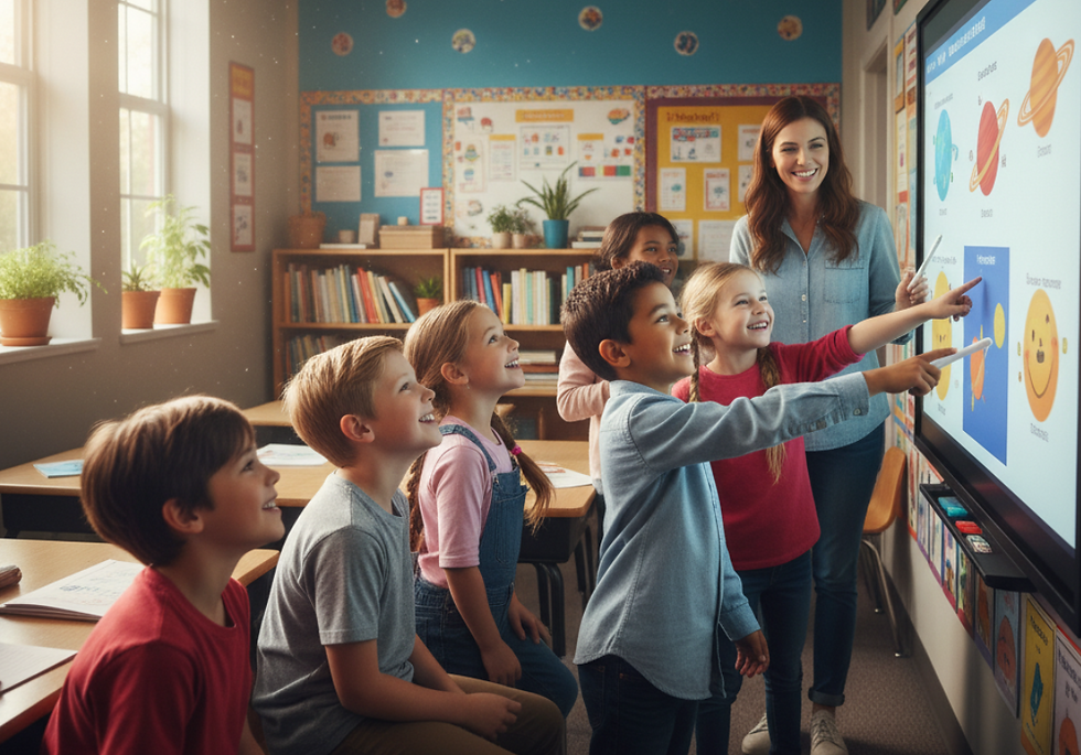 young students smiling, appearing excited while looking at digital display