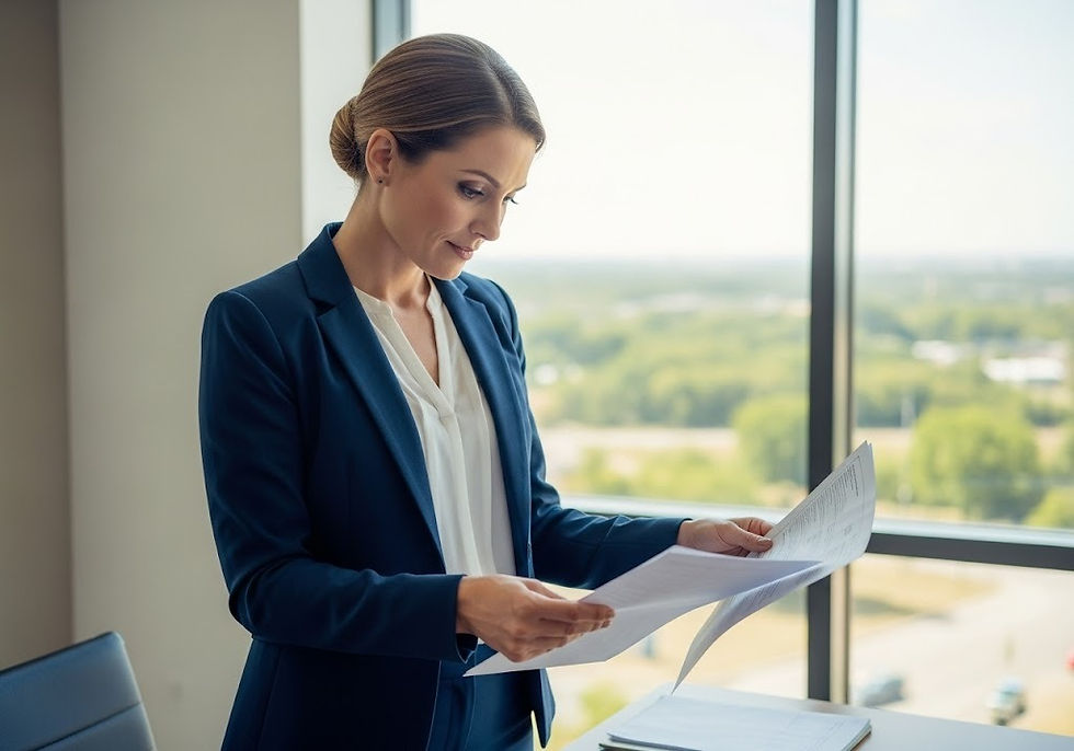 Woman reviewing a document at home, considering financial options