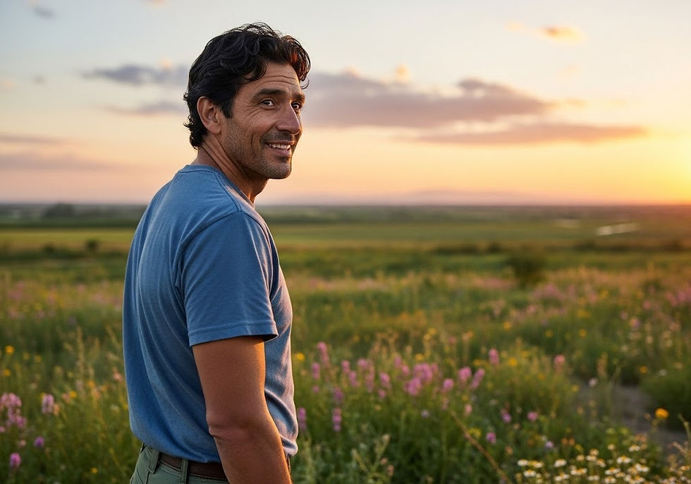 man outdoors, smiling in front of field of flowers