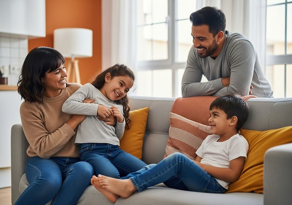 Family relaxing in a living room, symbolizing the stability and security of homeownership through owner financing, highlighting when owner financing might be better than a mortgage for families building their future.
