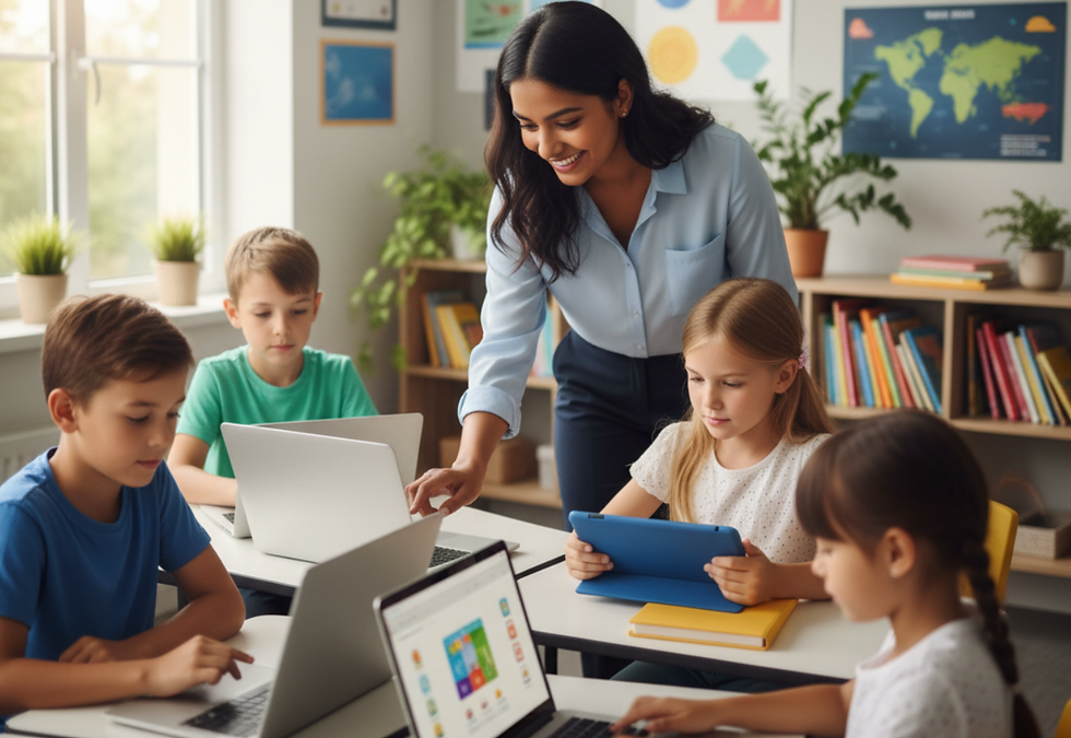 a teacher guiding students using laptops and tablets in a modern classroom funded by technology grants