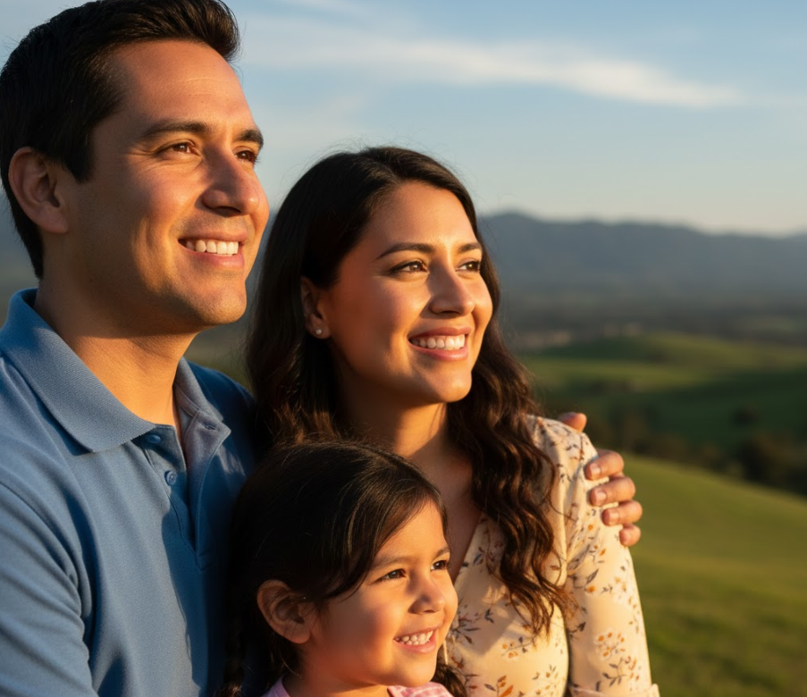 family looking at land, looking hopeful