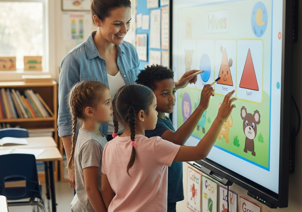 elementary school students using an interactive flat panel