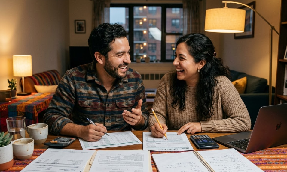 Couple sitting at a table reviewing paperwork and smiling while working through finances together