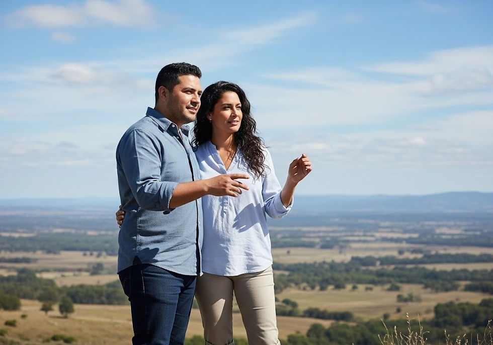 Man and woman looking at a half-acre lot in Vista Delta, Edcouch, TX, exploring land ownership opportunities with Santa Cruz Properties.