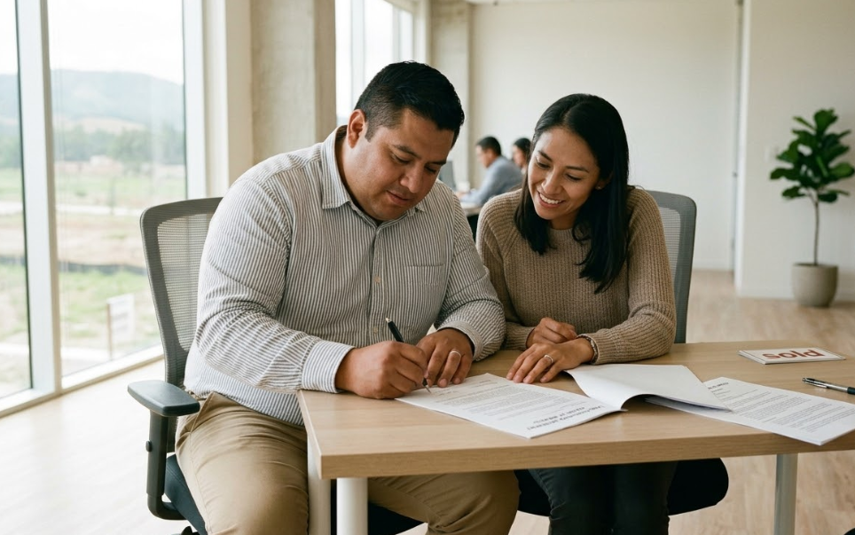 Couple signing property documents in an office