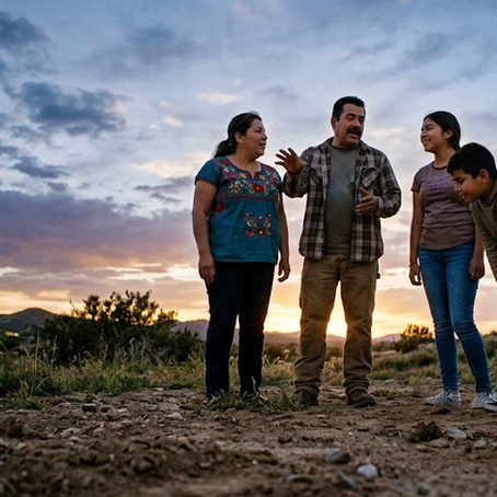 Alt Text: Family standing together on rural land at sunset, representing texas land for sale owner finance and the dream of ownership in South Texas