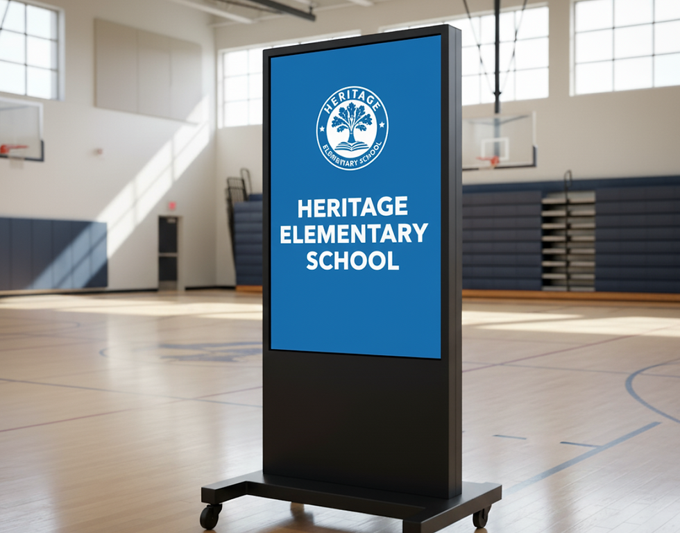 Indoor LED display board in a school gym used for announcements and event updates