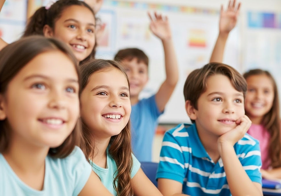 A group of happy elementary school students in a classroom
