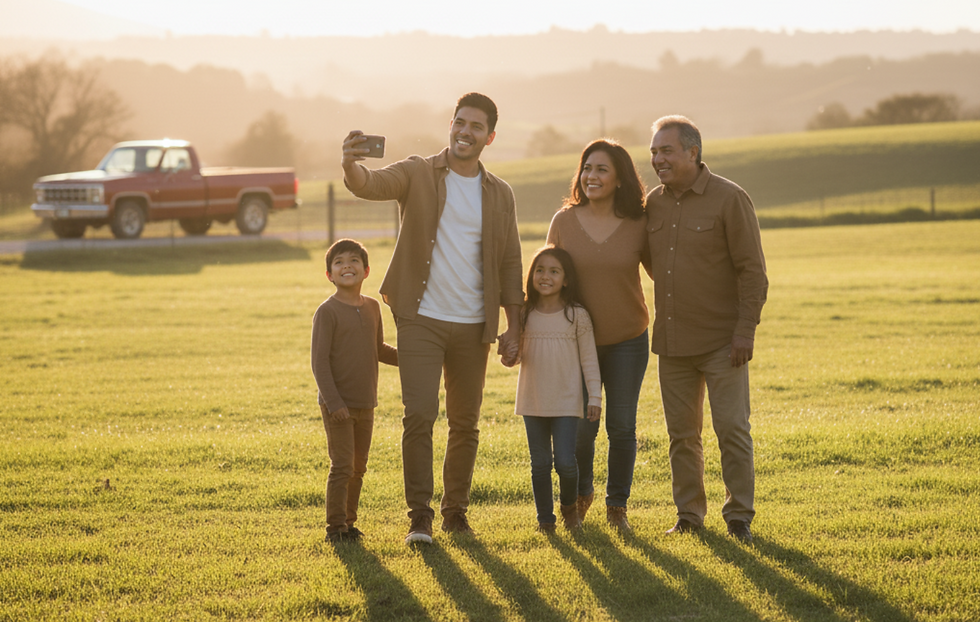 family taking a photo together at sunset on their land in Hidalgo County, with a truck and open pasture in the background, symbolizing new beginnings