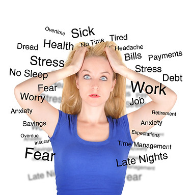 A stressed woman holding her head, surrounded by words like 'Work,' 'Stress,' 'Debt,' and 'Anxiety