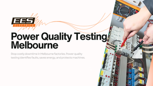 Engineer performing power quality testing in Melbourne factory Industrial electrical equipment monitored for voltage stability Factory production line with stable power supply Power factor correction installation in industrial plant