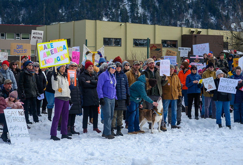 Demonstrators gather at Mayor Bill Overstreet Park for the third No Kings protest on Saturday, March 28, 2026. (Jasz Garrett / Juneau Independent)