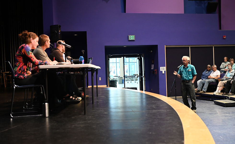 Dave Hanna asks questions and gives suggestions to the U.S. Army Corps of Engineers Civil Works Branch Alaska District at Thunder Mountain Middle School on Wednesday, July 30, 2025. (Jasz Garrett / Juneau Independent)