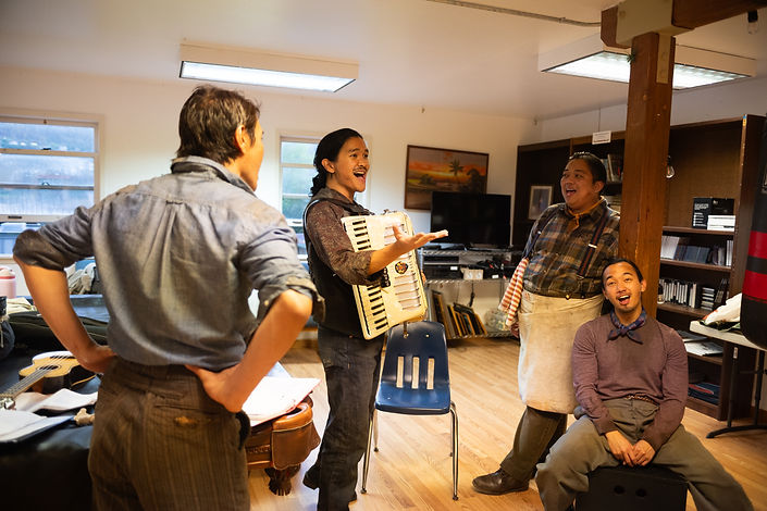 Jay Españo, Andre Braza, Juan Castro and Patrick Elizalde at a music rehearsal for “The Romance of Magno Rubio.” (Photo courtesy of Flordelino Lagundino)