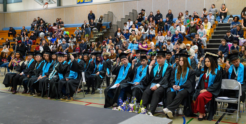 The 2026 Yaaḵoosgé Daakahídi High School graduating class moves their tassels at the end of the graduation ceremony on Sunday, May 24, 2026. (Jasz Garrett / Juneau Independent)