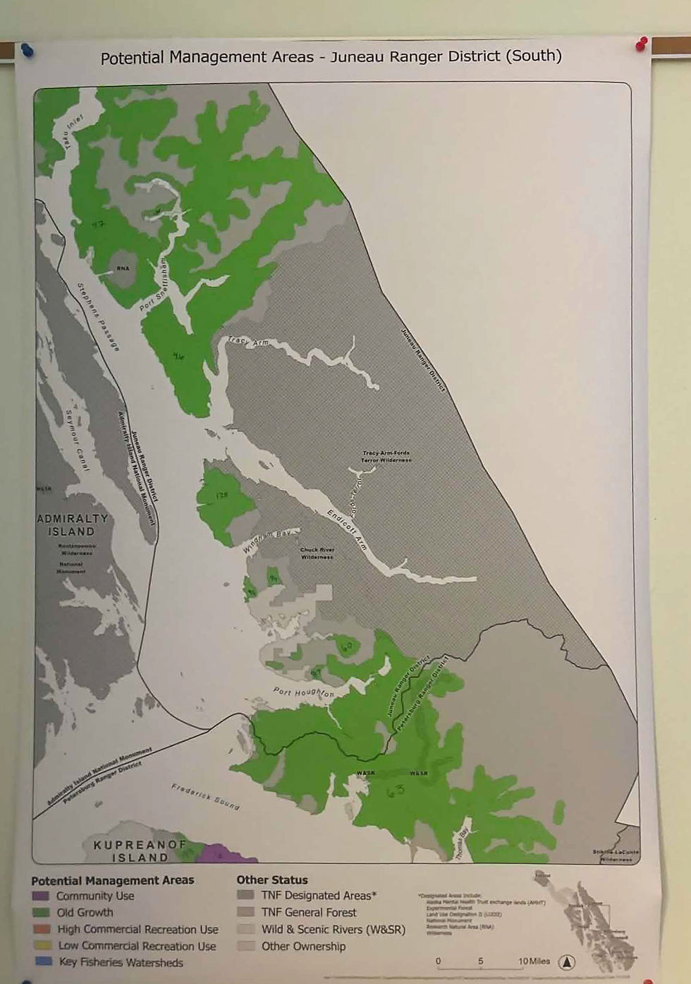 Potential management areas for the south Juneau Ranger District. The green indicates old growth. Maps are subject to change. (U.S. Forest Service)