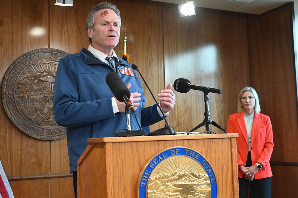 Gov. Mike Dunleavy, R-Alaska, answers a question during a press conference on the opening day of a special legislative session Saturday, Aug. 2, 2025, at the Alaska State Capitol. (Jasz Garrett / Juneau Independent)
