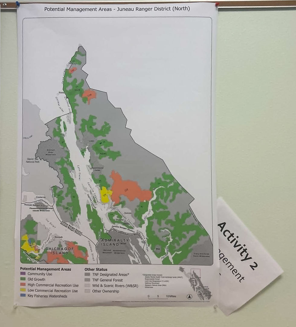 Potential management areas for the north Juneau Ranger District. Key: Pink, community use, green, old-growth, orange, high commercial recreation use; yellow, low commercial recreation use, blue, key fisheries watersheds. Maps are subject to change. (U.S. Forest Service)