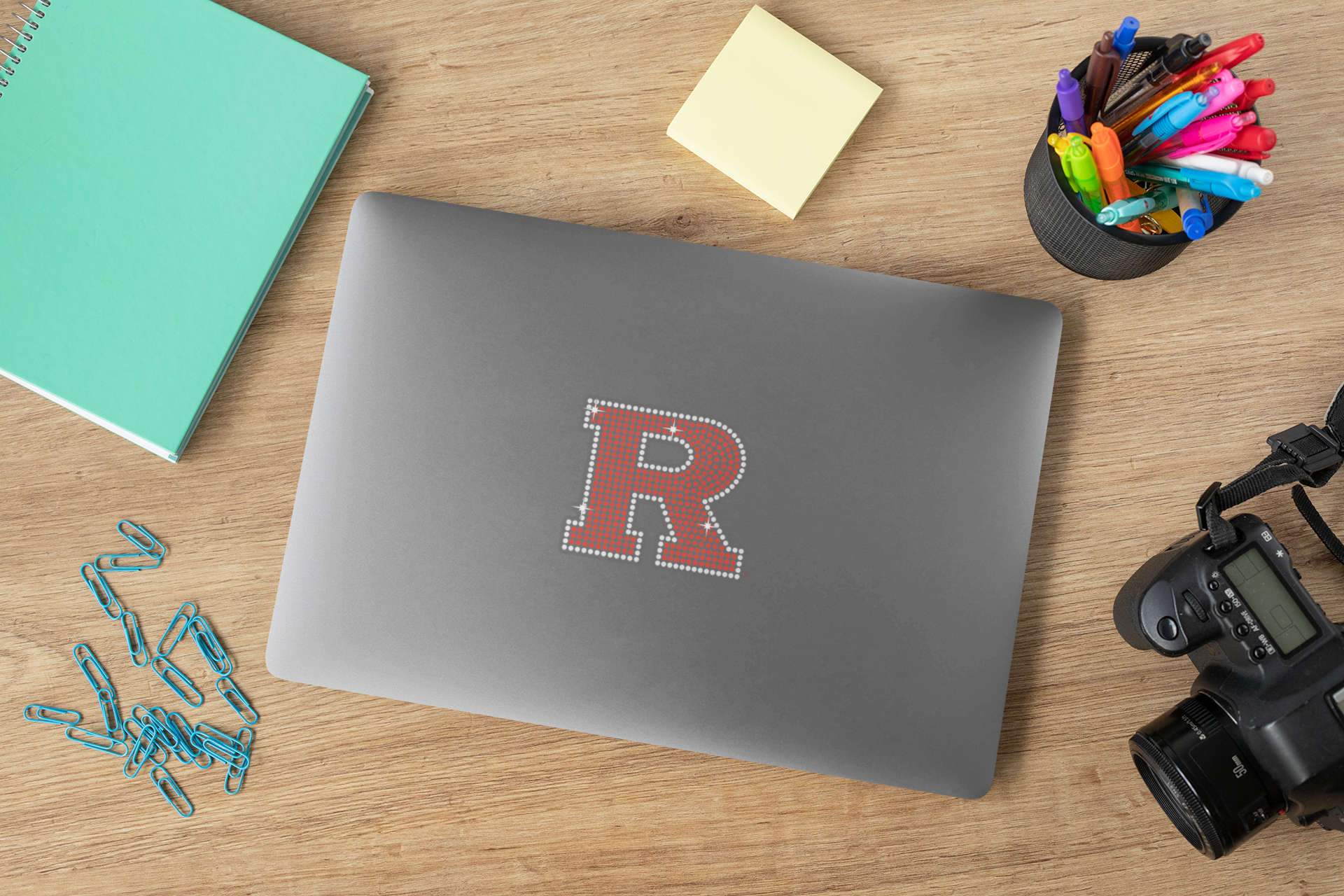 Official Rutgers University rhinestone decal with red and clear stones).