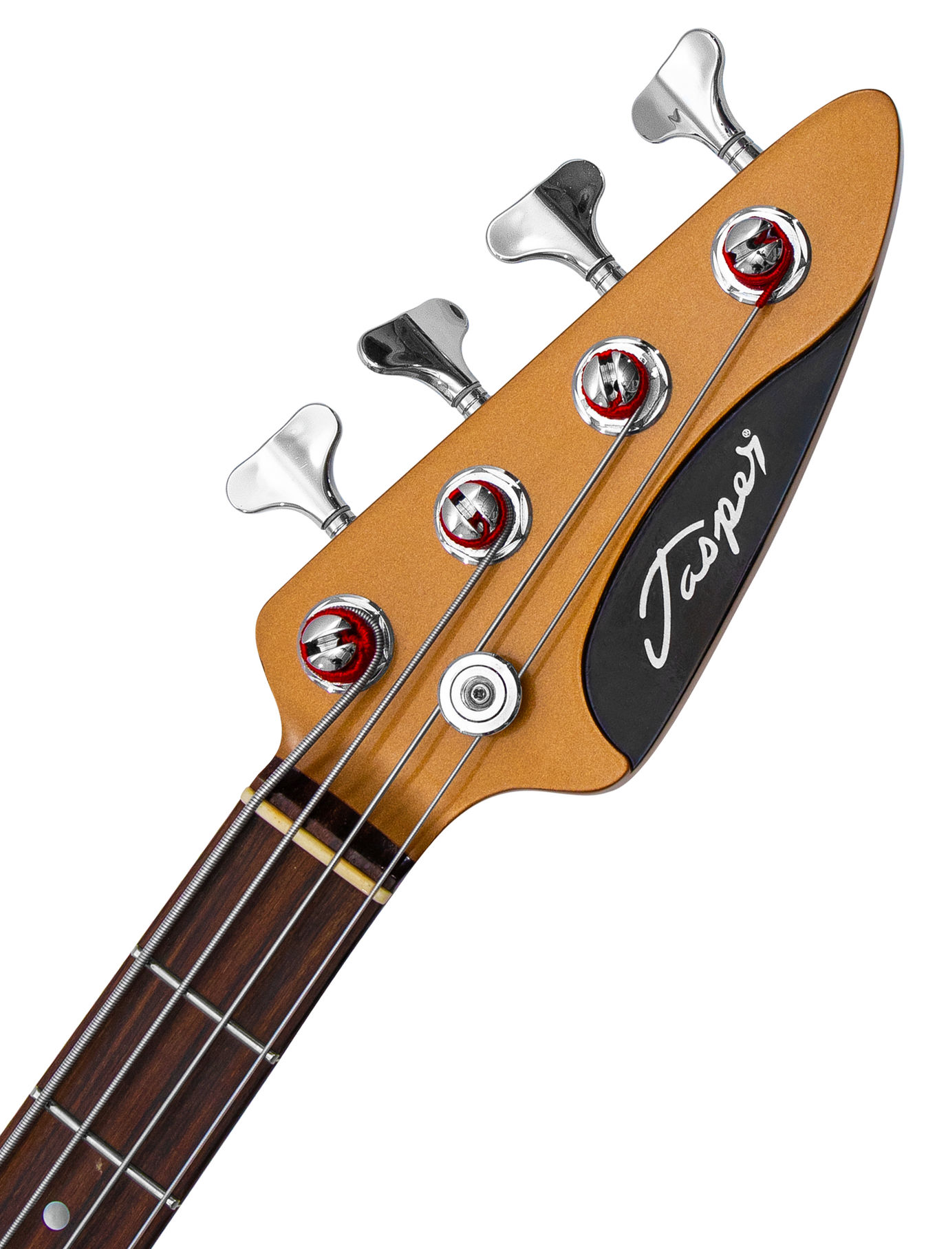 Cropped image of a Jasper Quatre electric bass guitar headstock (front, firemist gold, rosewood)