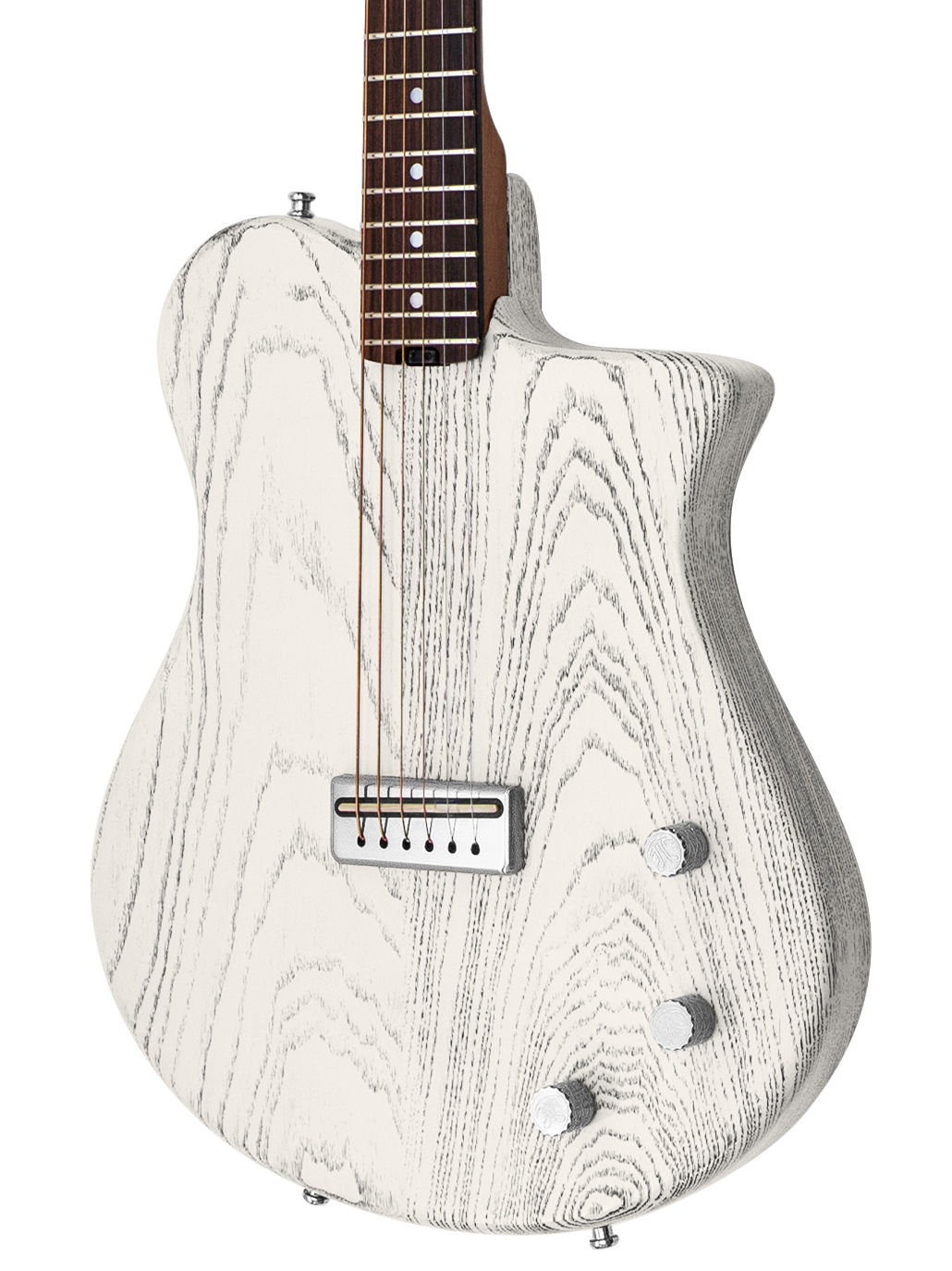 Cropped image of a Jasper Philmore acoustic-electric guitar body (front, white w/ black grain)