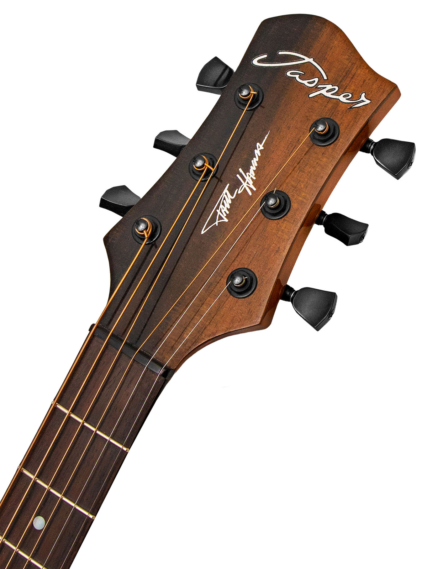 Cropped image of a Jasper Eclypse acoustic-electric guitar headstock (front, two-tone brown)