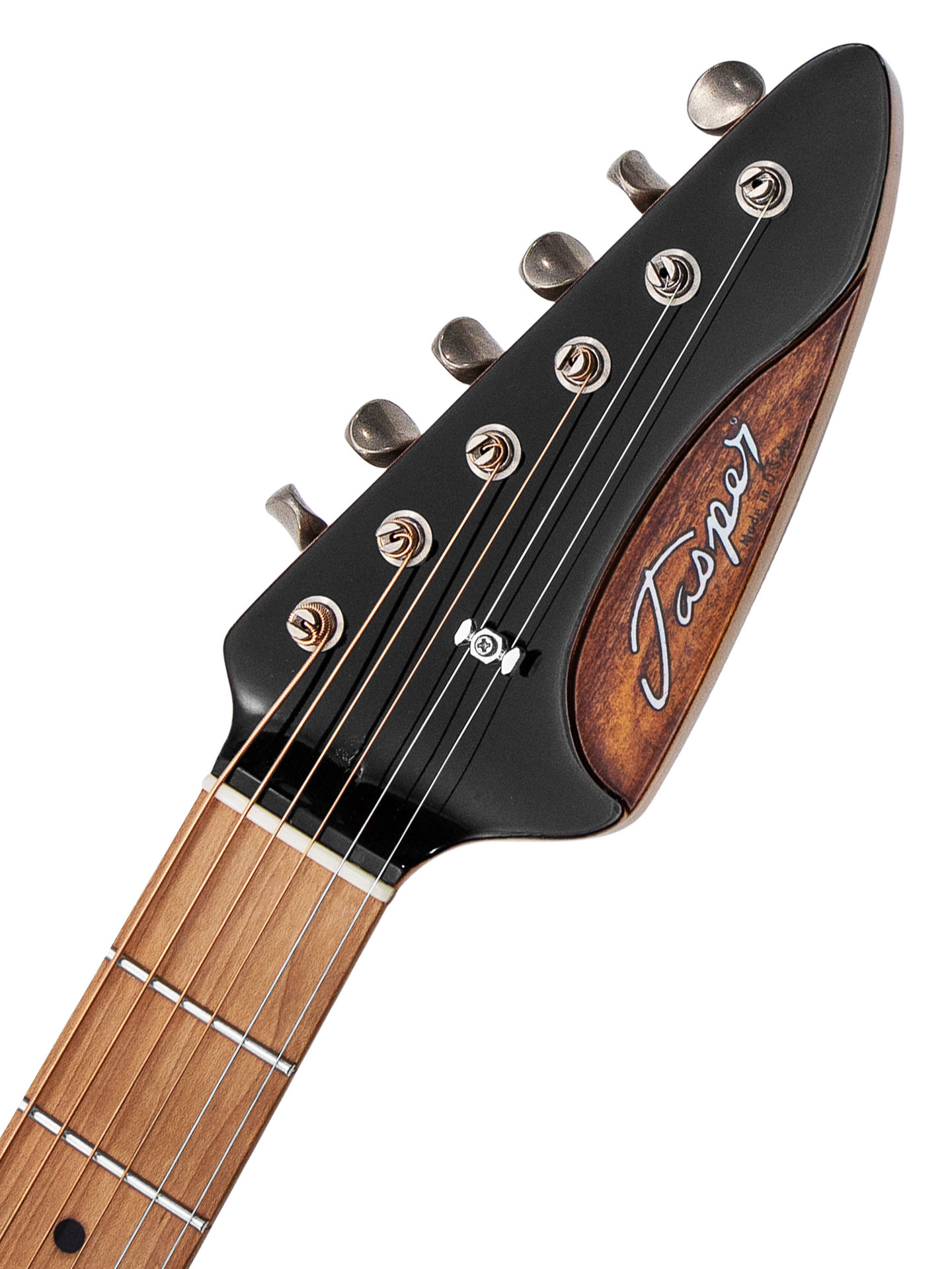 Cropped image of a Jasper Elmore acoustic-electric guitar headstock (front, black)