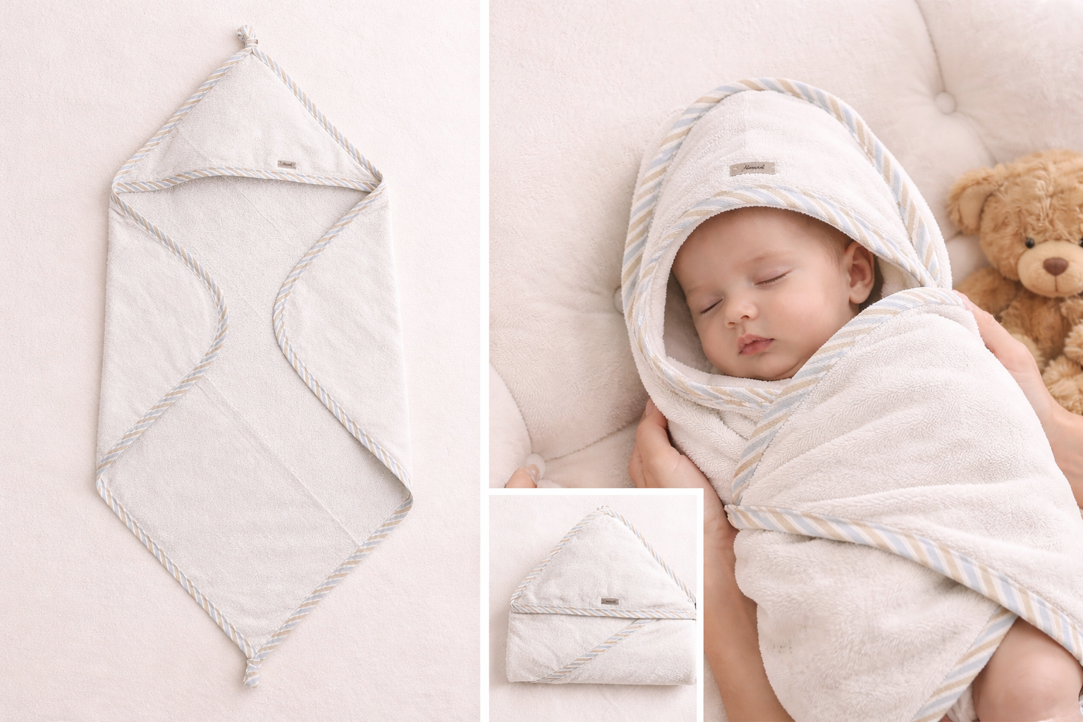 Accappatoio Neonato in Bamboo con Cappuccio e Bordo Azzurro Beige