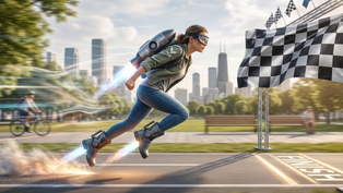 A conceptual image of a woman using a rocket jetpack to sprint at high speed toward a checkered finish line flag, symbolizing a fast-track path to career success.