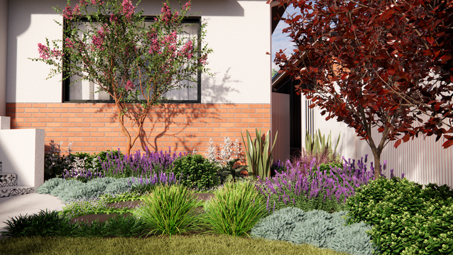 Lush backyard with a mix of native and Mediterranean plants.