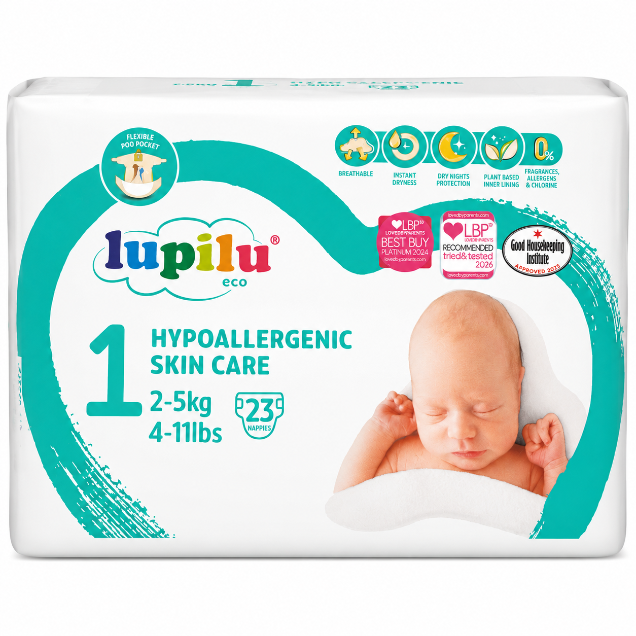 Lupilu Eco Size 1 Baby Nappies 2–5kg (4–11lbs) | Hypoallergenic Skin Care | 23 C – product image 1