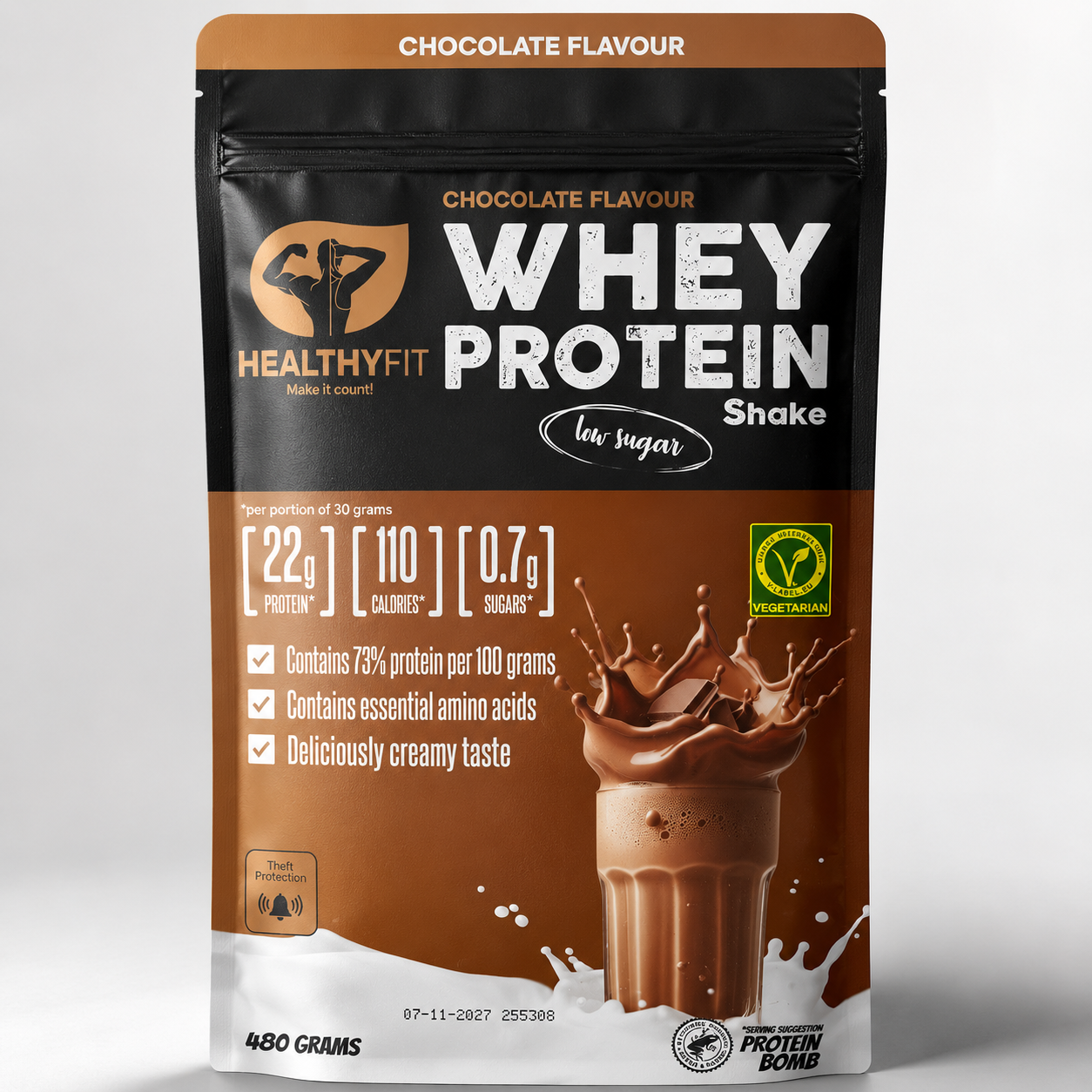 HealthyFit Whey Protein Chocolate Flavour Shake Powder 480g High Protein Low Sug