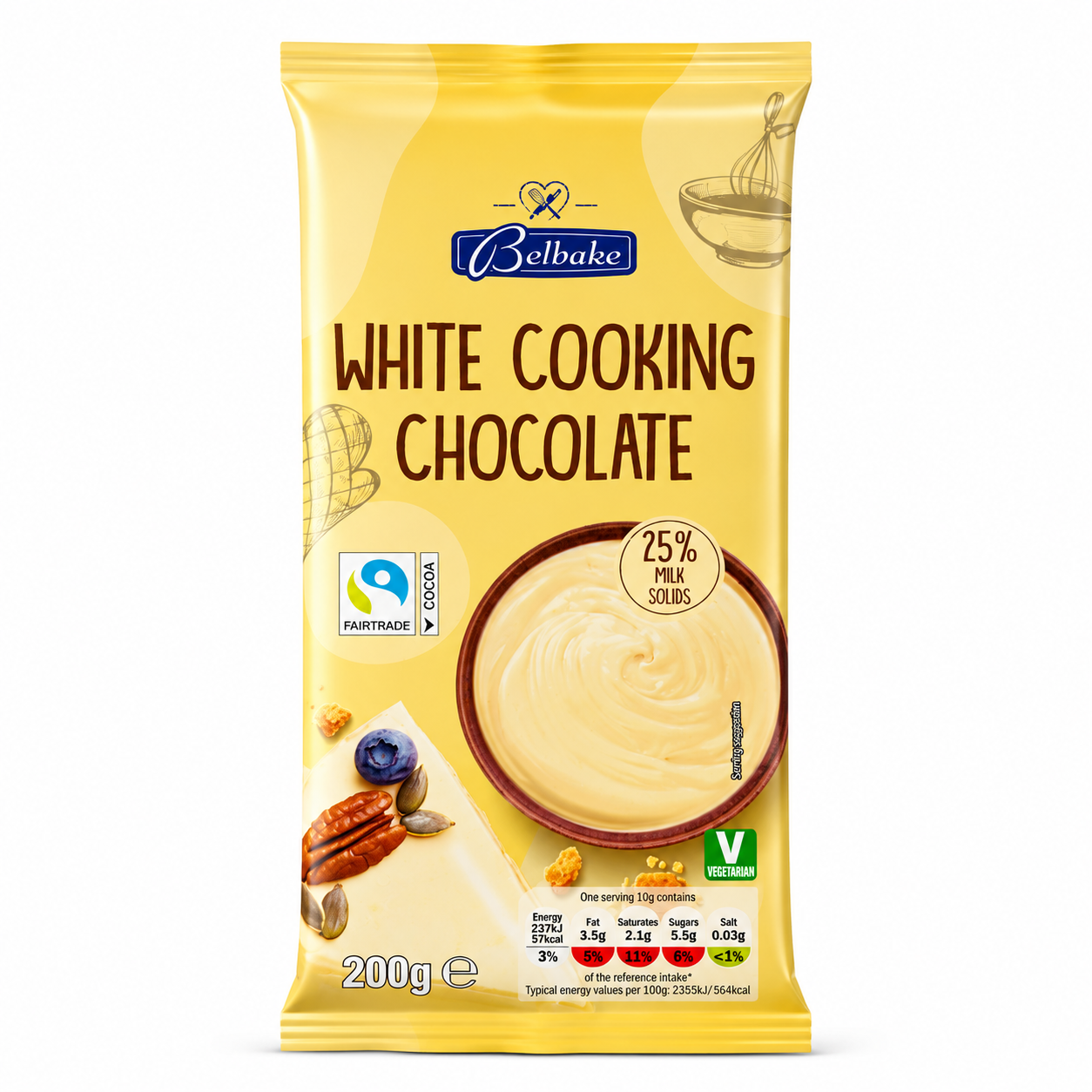 Belbake White Cooking Chocolate 25% Milk Solids Premium Baking Bar 200g
