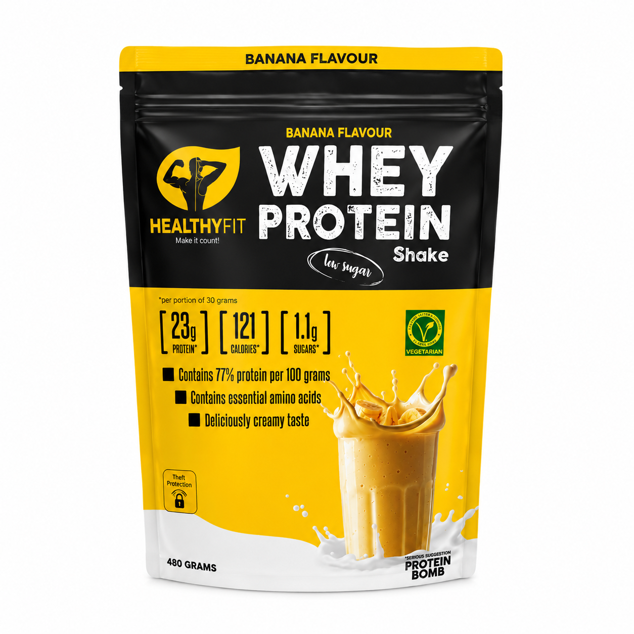 HealthyFit Banana Flavour Whey Protein Shake 480g High Protein Low Sugar