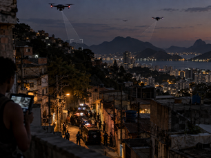 Drones sobrevoando comunidade no Rio de Janeiro à noite, ilustrando o uso de drones pelo crime organizado para vigilância