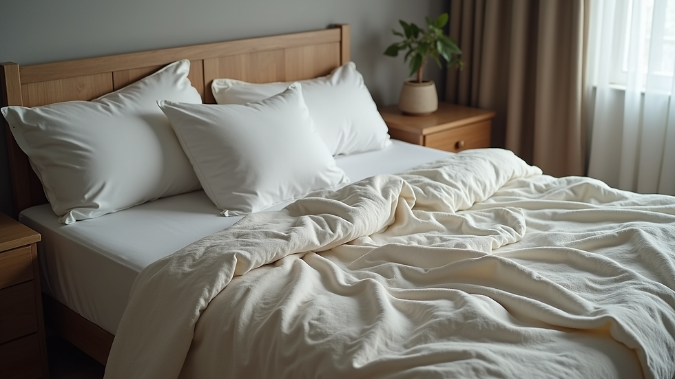 High angle view of a neatly made bed with a weighted blanket and soft pillows