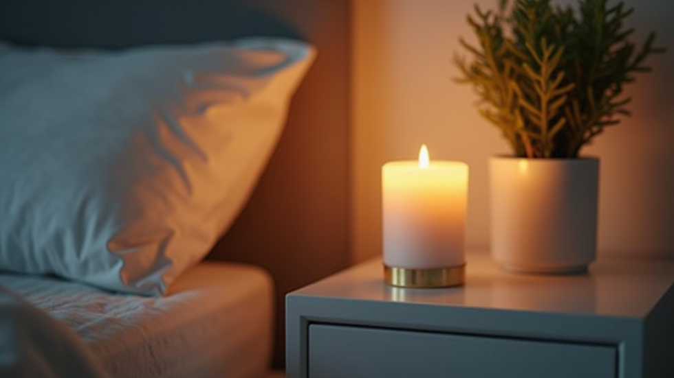 Close-up view of a bedside table with a softly glowing candle and a small plant
