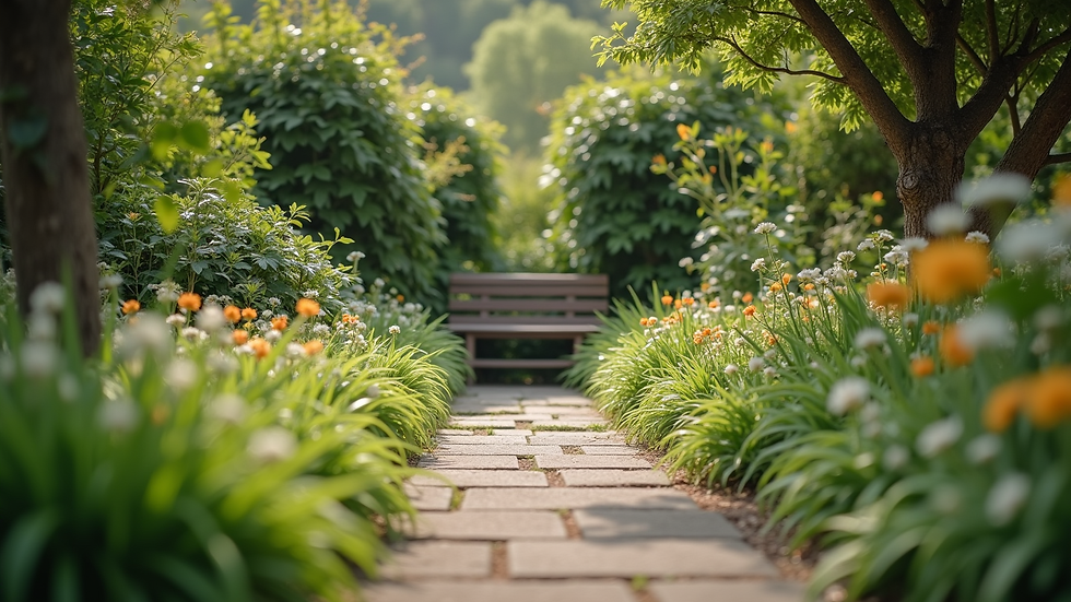 Eye-level view of a peaceful garden with a small bench